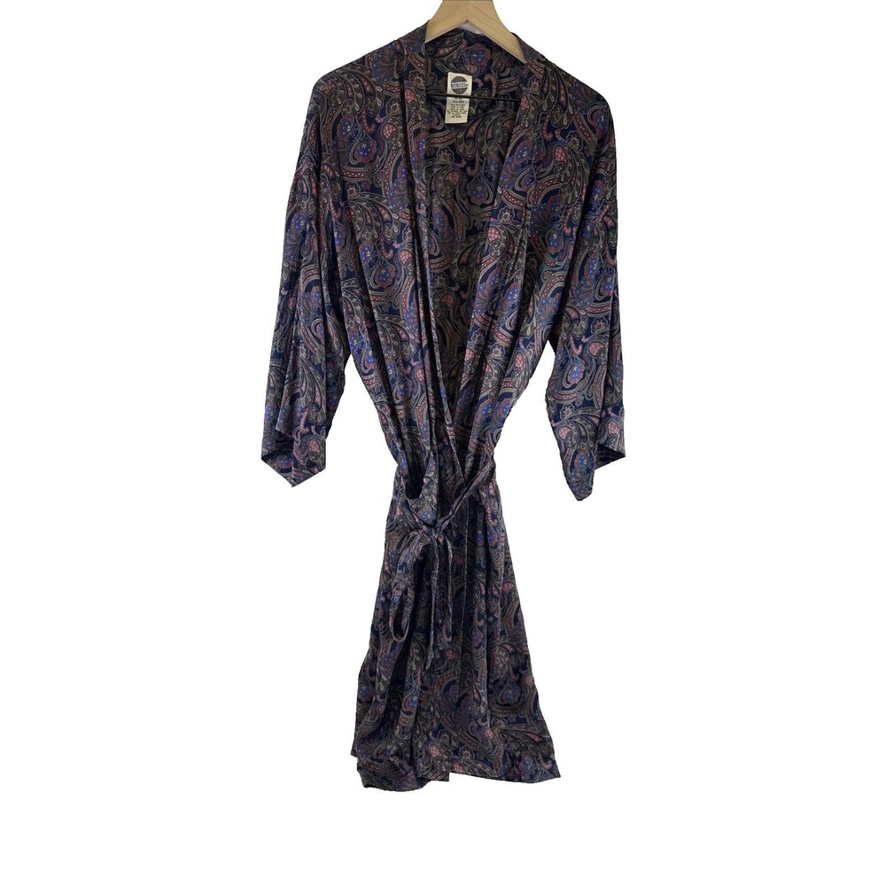 Reckless Vintage Paisley Silk Robe Tie Blue Pink Kimono Lightweight One Size